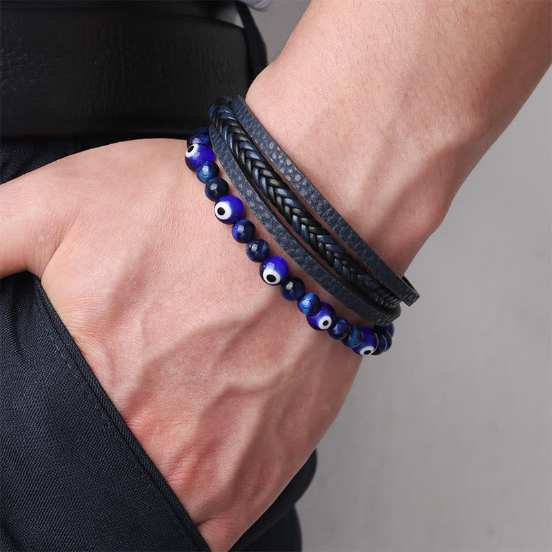 Buddha Stones Evil Eye Tiger Eye Protection Beaded Multilayered Braided Bracelet - image 3