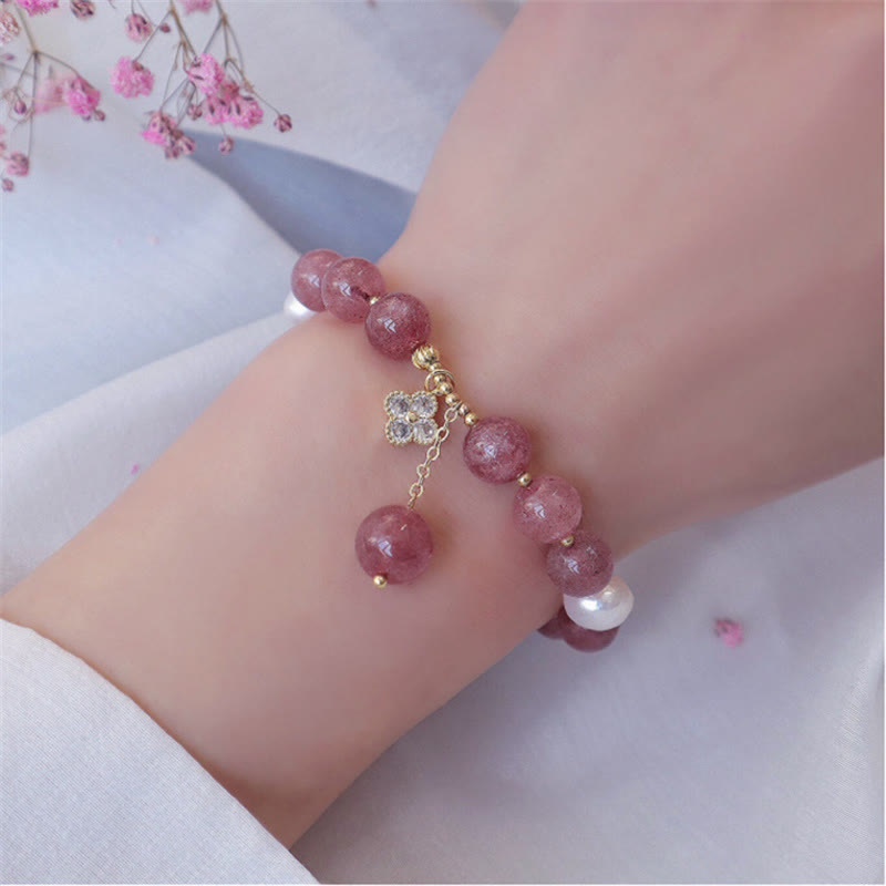 Buddha Stones Natural Strawberry Quartz Pearl Four Leaf Clover Love Bracelet - image 7