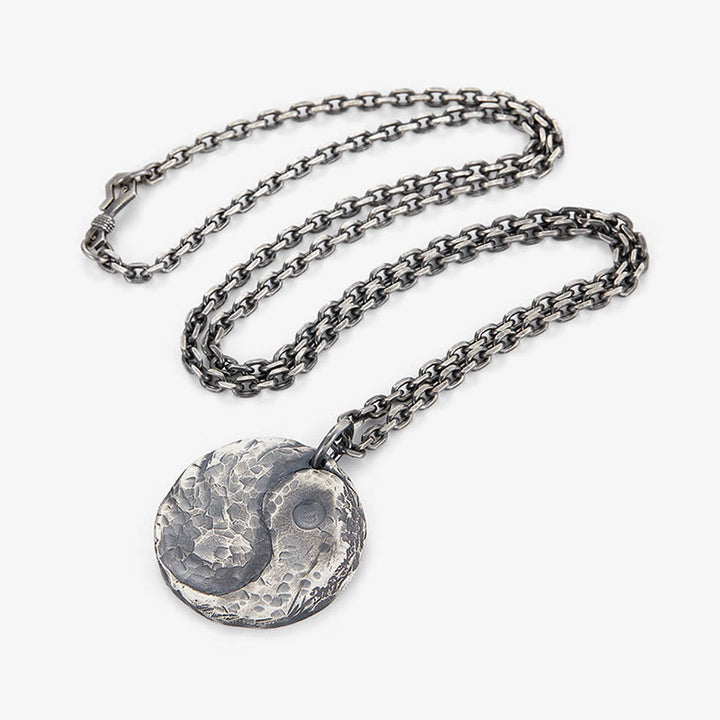 Buddha Stones 990 Sterling Silver Yin Yang Hammer Texture Harmony Necklace Pendant - image 9