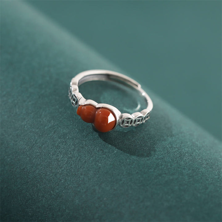Buddha Stones 925 Sterling Silver Red Agate Gourd Copper Coin Self-acceptance Ring - image 1