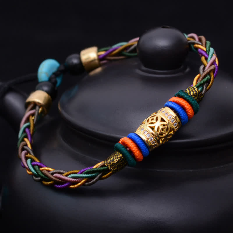 Buddha Stones Tibetan Handmade Eight Thread Knot Copper Coin Luck Weave String Bracelet - Copper Coin(Wrist Circumference 14-20cm) - image 0