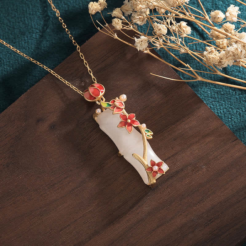 Buddha Stones White Jade Bamboo Lotus Flowers Luck Protection Necklace Pendant - image 1