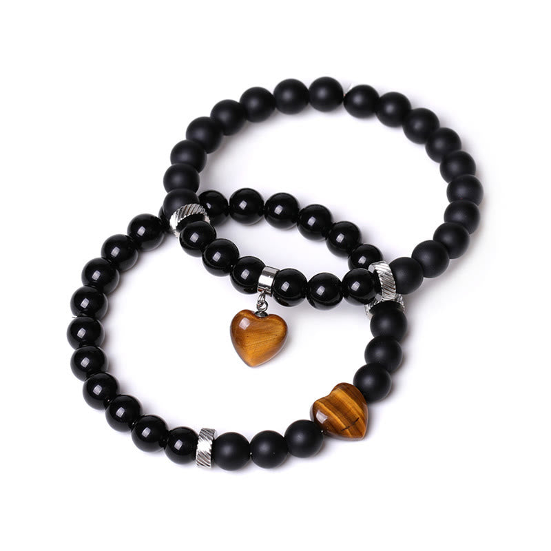 Buddha Stones 2Pcs Black Onyx Crystal Stone Love Heart Protection Support Couple Bracelet - image 1