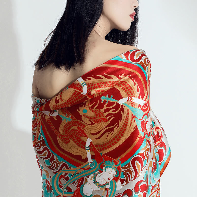 Buddha Stones Dunhuang Rebound Pipa Flying Frescoes 100% Mulberry Silk Scarf Premium Grade 6A Dunhuang Shawl - image 1
