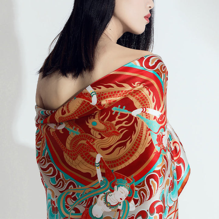 Buddha Stones Dunhuang Rebound Pipa Flying Frescoes 100% Mulberry Silk Scarf Premium Grade 6A Dunhuang Shawl - image 1