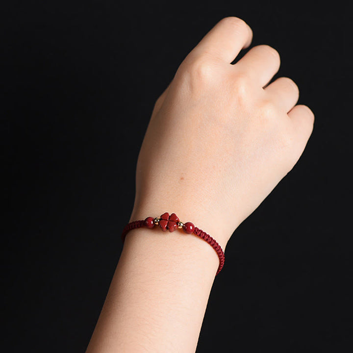Buddha Stones Four Leaf Clover Five-petal Flower Cinnabar Blessing Red String Bracelet - image 7
