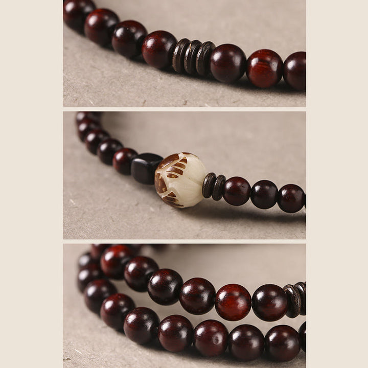 Buddha Stones Small Leaf Red Sandalwood Lotus Bodhi Seed Carved Protection Double Wrap Bracelet - image 4
