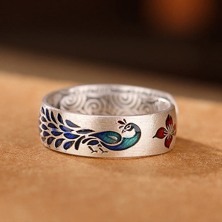 Buddha Stones 999 Sterling Silver Peacock Auspicious Clouds Engraved Lotus Flower Fortune Ring - image 4