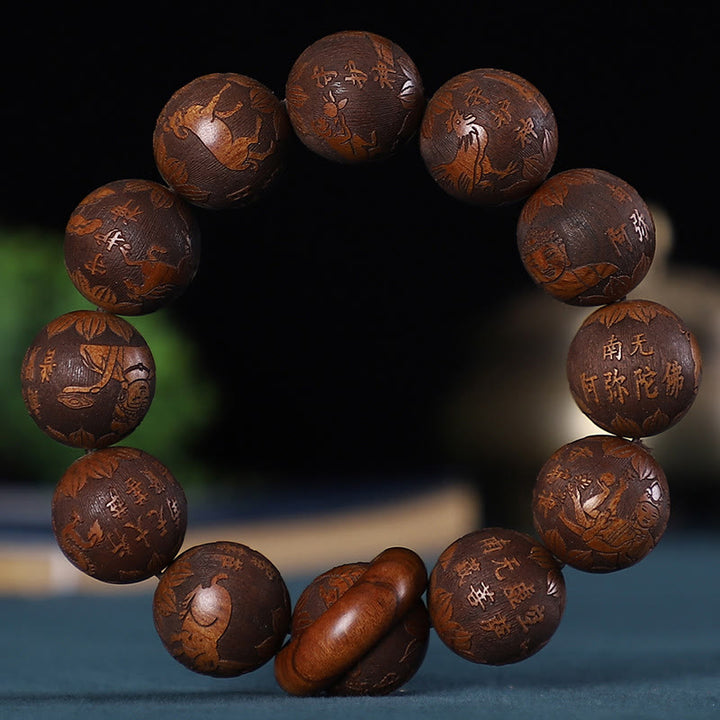 Buddha Stones Chinese Zodiac Rosewood Green Sandalwood Ebony Wood Copper Coin Carved Calm Bracelet - Rosewood Carved Samantabhadra Bodhisattva - image 2