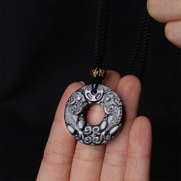 Buddha Stones Natural Silver Sheen Obsidian Double PiXiu Copper Coin Peace Buckle Protection Necklace Pendant - image 4