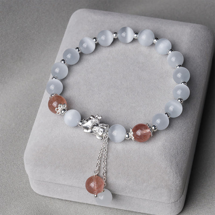 Buddha Stones Natural Cat's Eye Moonstone Strawberry Quartz PiXiu Support Bracelet - image 7