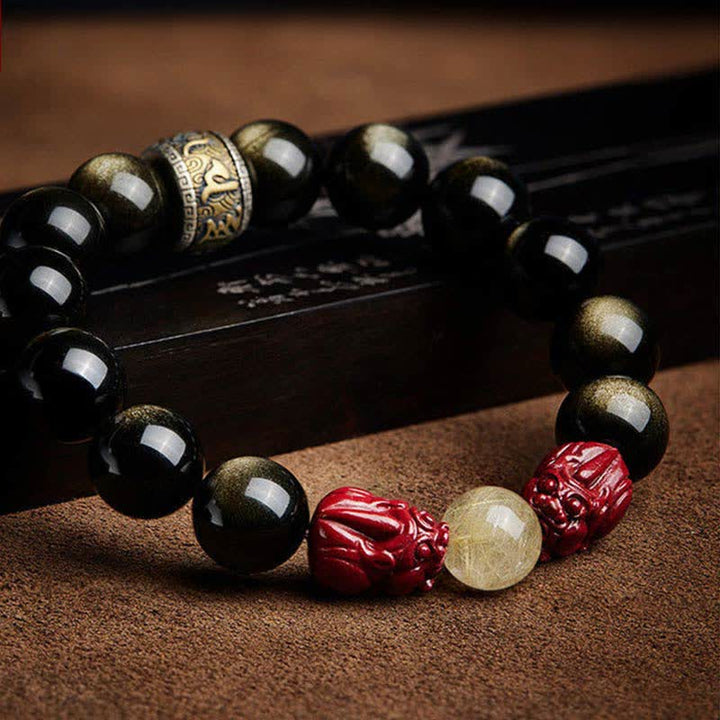 Buddha Stones Gold Sheen Obsidian PiXiu Cinnabar Om Mani Padme Hum Protection Bracelet - image 8