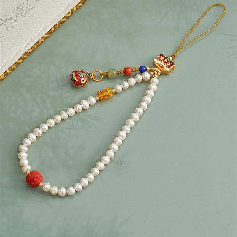 Buddha Stones Natural Pearl Cinnabar Money Bag Bell Gold Swallowing Beast Dancing Lion Healing Phone Hanging Decoration - Pearl&Gold Swallowing Beast&Dancing Lion - image 6