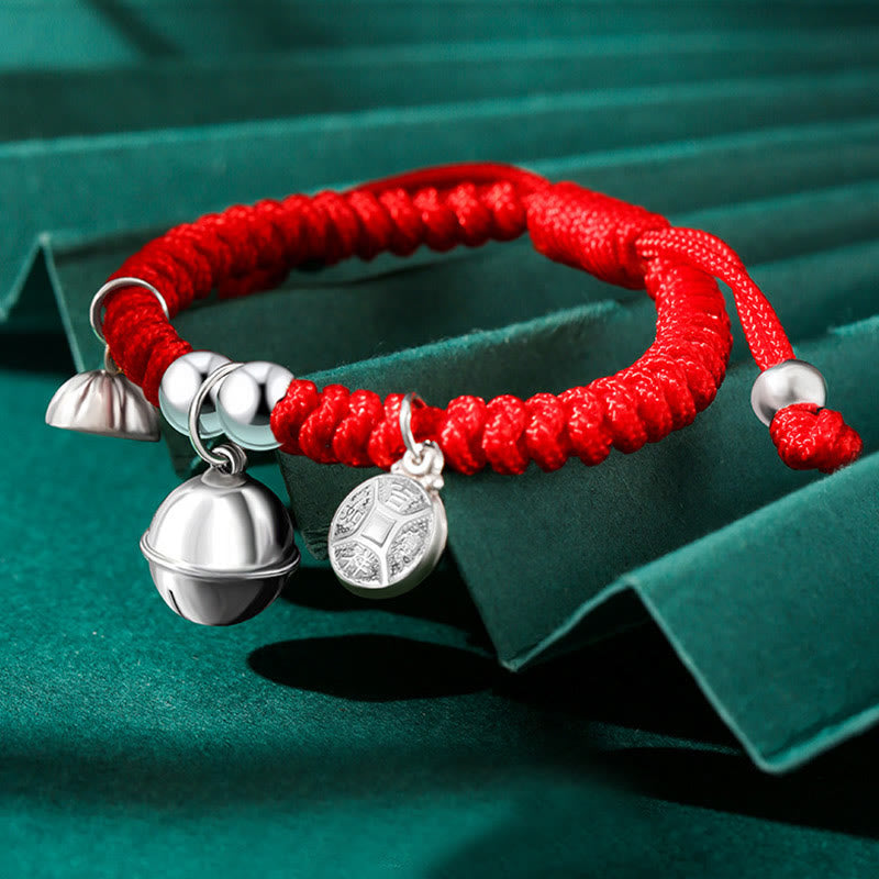 Buddha Stones 925 Sterling Silver Handmade Fu Character Lucky Money Bag Chinese Lock Charm Bell Lotus Copper Coin King Kong Knot Braided Kids Bracelet - Bell Lotus Copper Coin(Wrist Circumference 12-14cm) - image 14