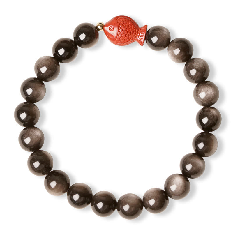 Buddha Stones Natural Silver Sheen Obsidian Cinnabar Koi Fish Soothing Protection Bracelet - image 5
