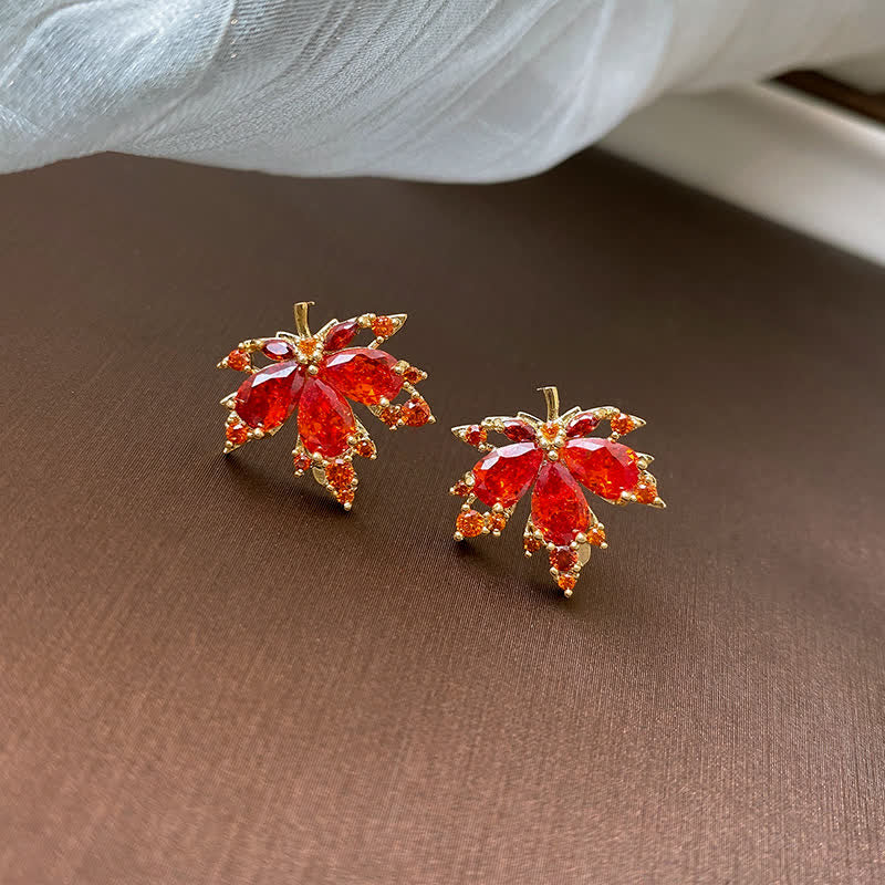 Buddha Stones Maple Leaf Zircon Luck Necklace Pendant Ring Earrings - Stud Earrings - image 1