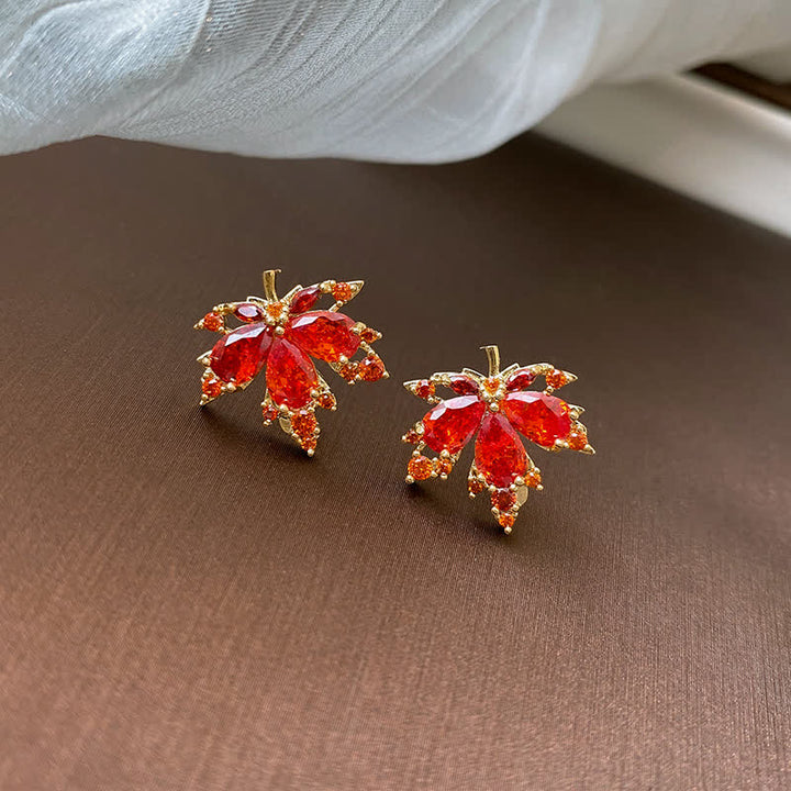 Buddha Stones Maple Leaf Zircon Luck Necklace Pendant Ring Earrings - Stud Earrings - image 1