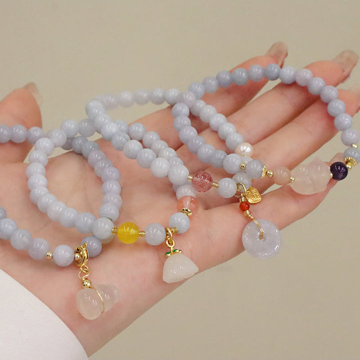 Buddha Stones Natural Aquamarine Chalcedony Serenity Rabbit Gourd Cat Charm Bracelet - image 13