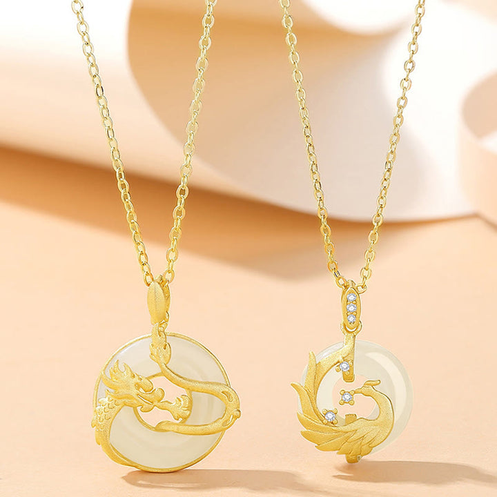 Buddha Stones 925 Sterling Silver Year of the Dragon Hetian Jade Golden Dragon Phoenix Peace Buckle Luck Necklace Pendant - image 6