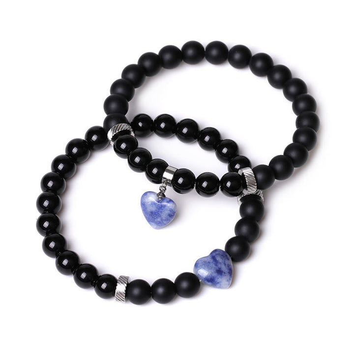 Buddha Stones 2Pcs Black Onyx Crystal Stone Love Heart Protection Support Couple Bracelet - Black Onyx&Sodalite - image 17
