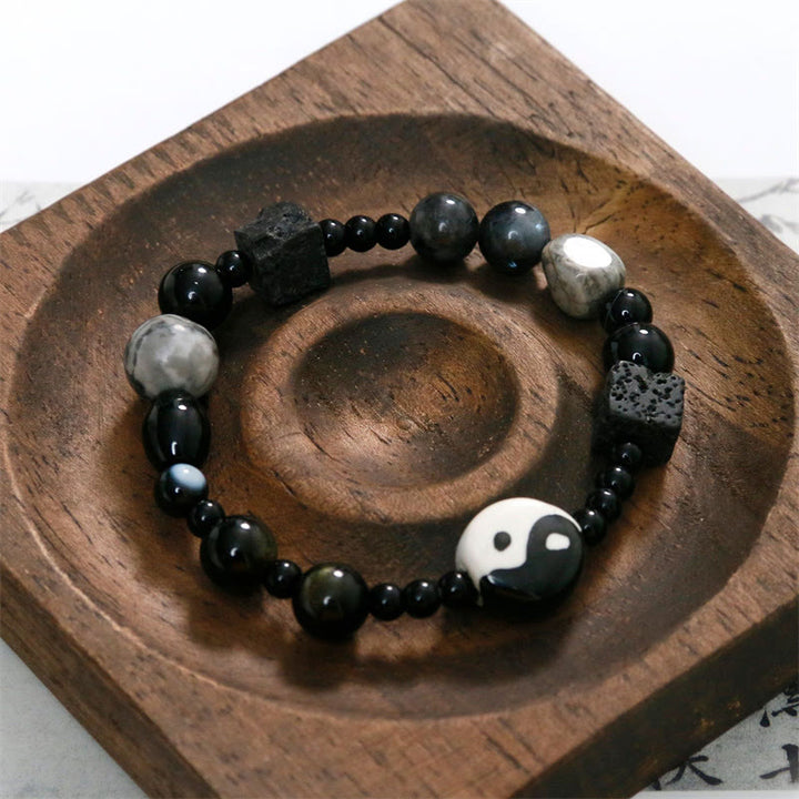 Buddha Stones Black Onyx Picasso Jasper Bead Yin Yang Fortune Protection Bracelet - image 14