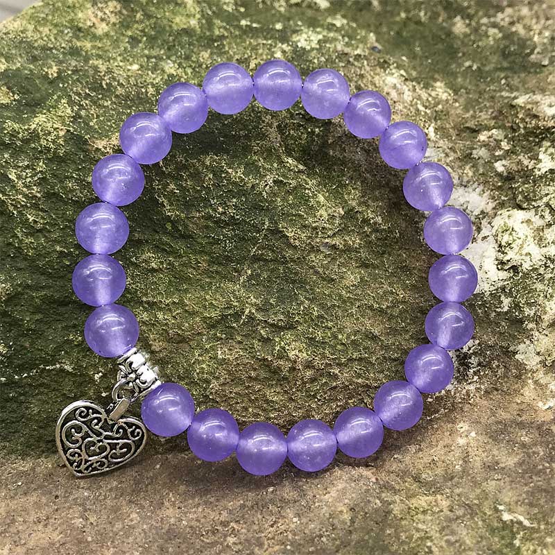 Natural Gemstone Lucky Love Heart  Charm Stretch Bracelet - Amethyst - image 0