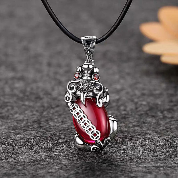 Buddha Stones PiXiu Garnet Copper Coin Wealth Luck Necklace Pendant - image 6