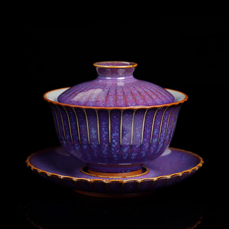Buddha Stones Retro Glaze Kiln Change Ceramic Gaiwan Sancai Teacup Kung Fu Tea Cup And Saucer With Lid - Purple - 11.5cm*8.5cm*140ml - image 0