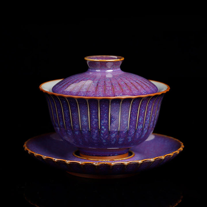 Buddha Stones Retro Glaze Kiln Change Ceramic Gaiwan Sancai Teacup Kung Fu Tea Cup And Saucer With Lid - Purple - 11.5cm*8.5cm*140ml - image 0