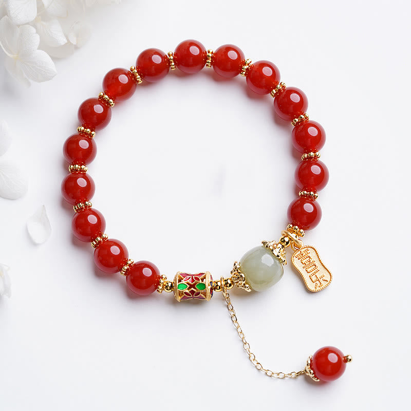Buddha Stones Natural Red Agate Hetian Jade Fu Character Confidence Charm Bracelet - Red Agate&Joy and Happiness Letter - image 10