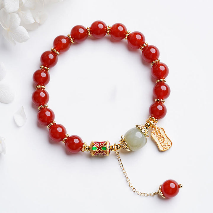 Buddha Stones Natural Red Agate Hetian Jade Fu Character Confidence Charm Bracelet - Red Agate&Joy and Happiness Letter - image 10