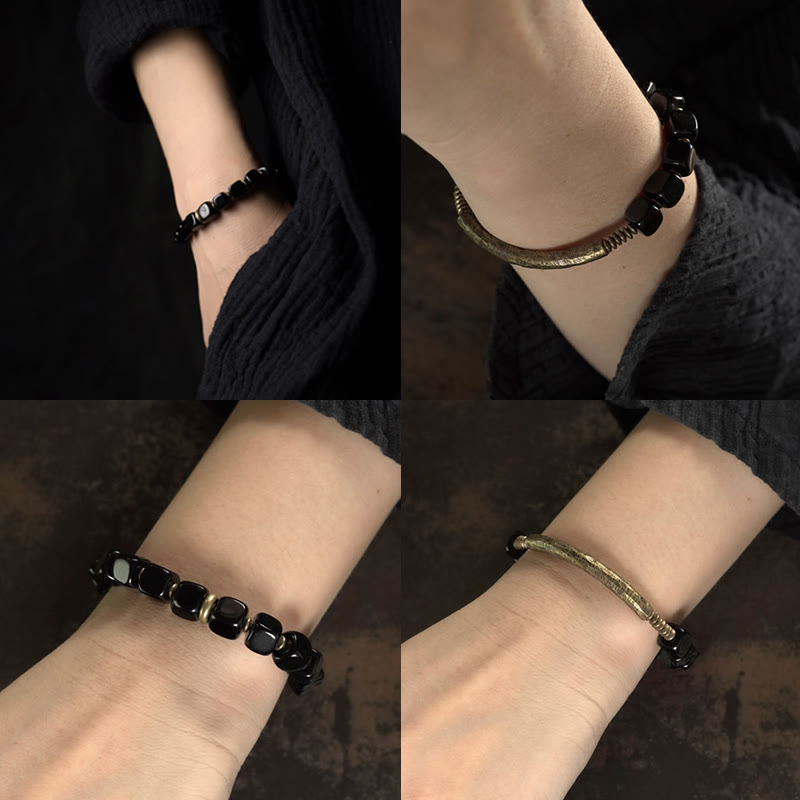 Buddha Stones Black Obsidian Crystal Copper Strength Couple Bracelet - image 10