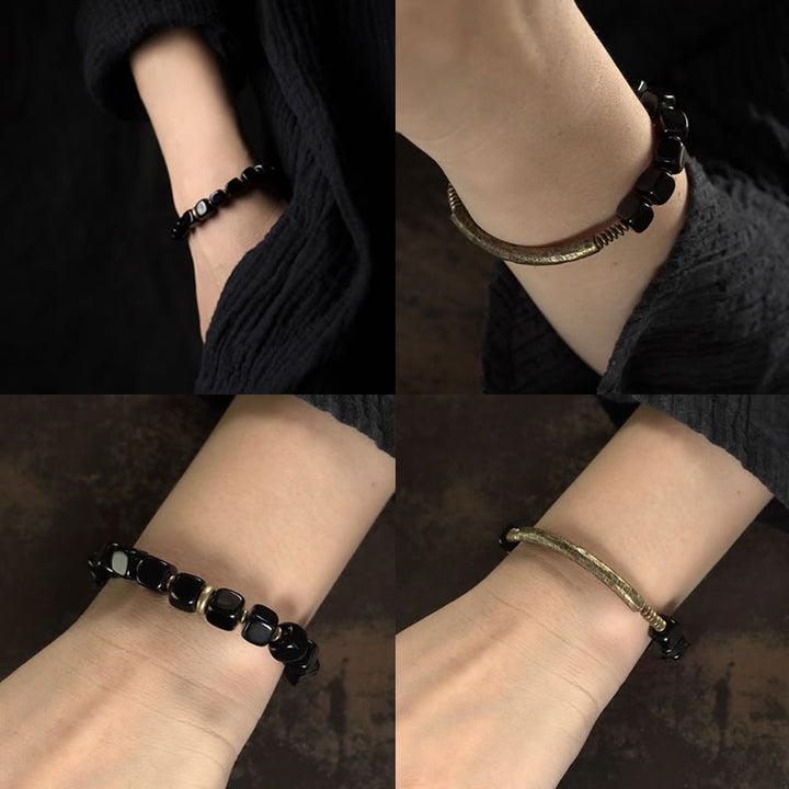 Buddha Stones Black Obsidian Crystal Copper Strength Couple Bracelet - image 10