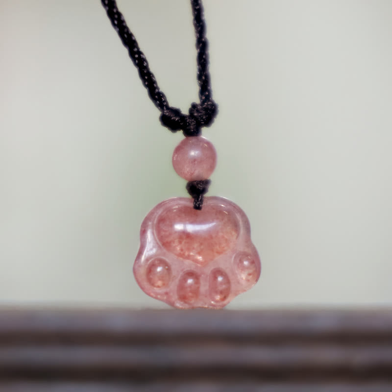 Buddha Stones Strawberry Quartz Lovely Cat Paw Claw Healing Necklace Pendant - image 5