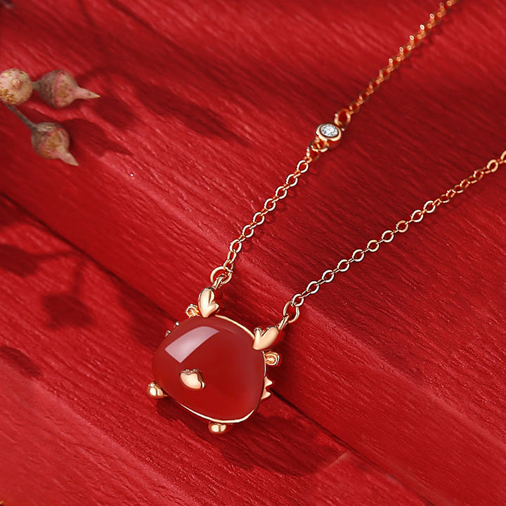 Buddha Stones 925 Sterling Silver Year of the Dragon Natural Hetian Jade Red Agate Cute Dragon Protection Success Bracelet Necklace Pendant Earrings - Dragon Necklace - Red Agate(Confidence♥Calm) - image 8