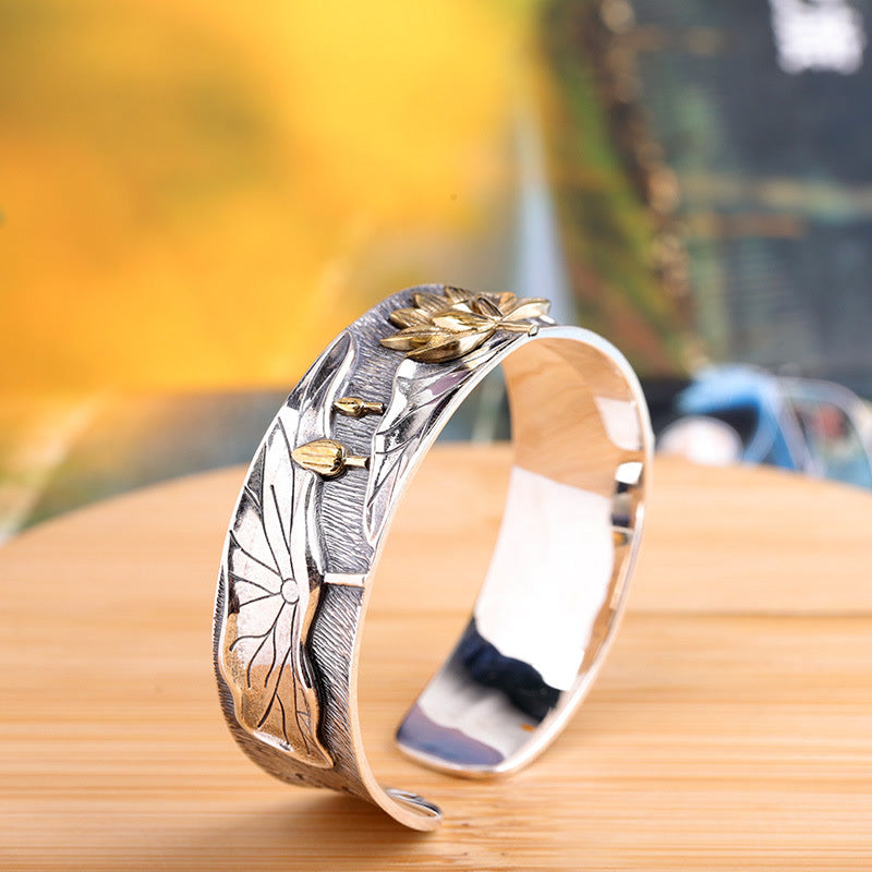 Buddha Stones 925 Sterling Silver Lotus Flower Calm Bracelet Adjustable Bangle - image 6