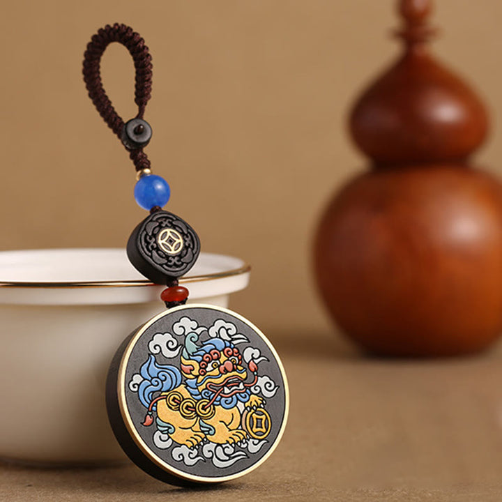 Buddha Stones PiXiu Copper Coin Ebony Wood Luck Attract Wealth Key Chain Decoration - image 4