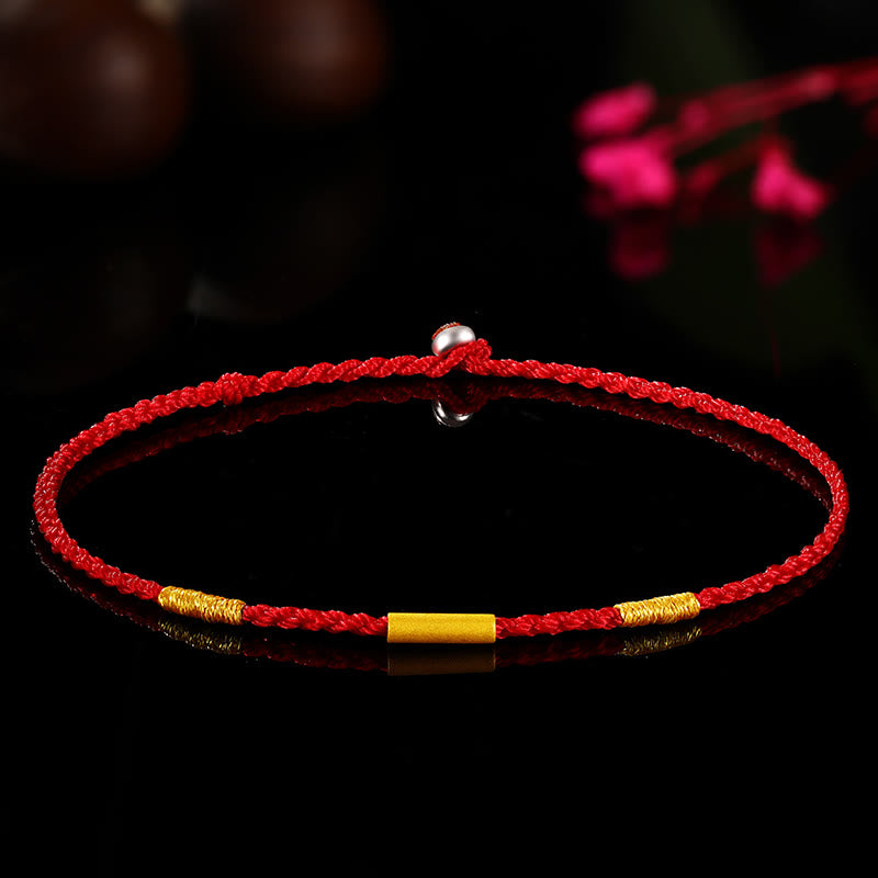 Buddha Stones 999 Gold Bead Handmade Four Thread Wishful Knots Braided Protection Bracelet - Red&Gold Thread - 24cm - image 0