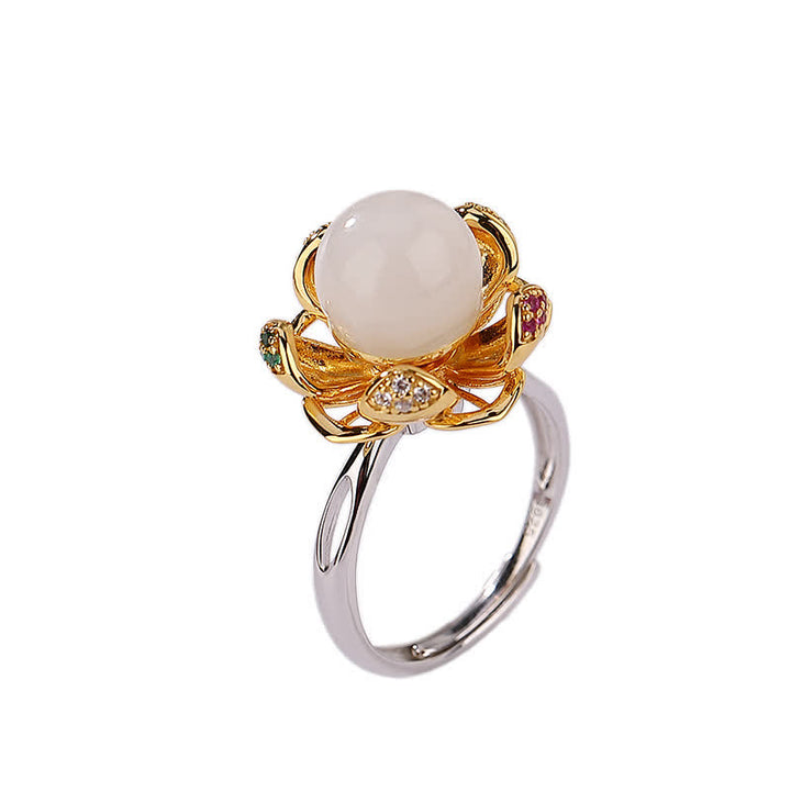 Buddha Stones 925 Sterling Silver White Jade Cyan Jade Lotus Flower Success Ring - image 7