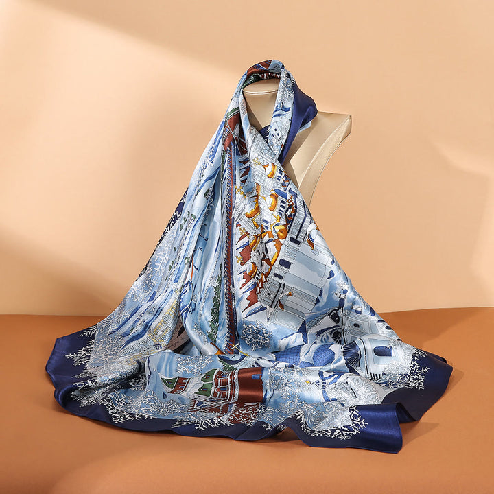 Buddha Stones Oil Painting City Snow Scene Castle Lotus 100% Mulberry Silk Neck Hair Scarf - Navy City Blue Snow Scene - image 6