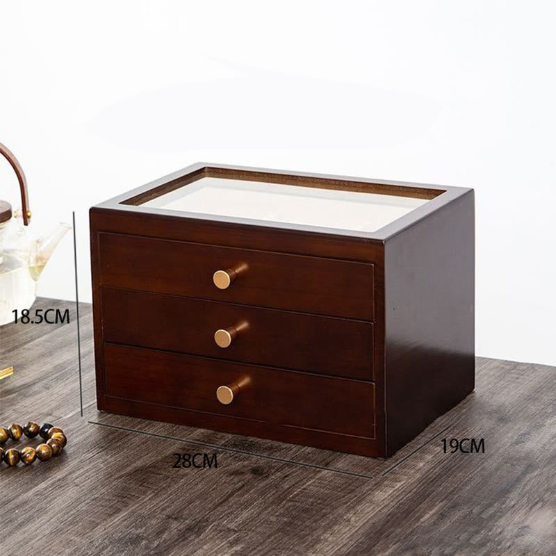 Buddha Stones Retro Solid Wood Jewelry Box Jewelry Storage Box With Drawer - Three Layers Dark Color 28*19*18.5cm - image 21