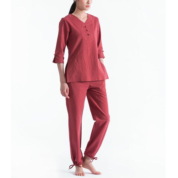Buddha Stones Yoga Meditation Prayer V-neck Design Cotton Linen Clothing Uniform Zen Practice Women's Set - Red - US8-10，UK/AU12-14，EU40-42 (2XL) - image 12