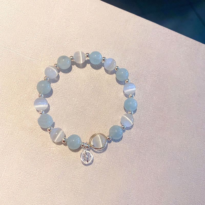 Buddha Stones 925 Sterling Silver Cat's Eye Aquamarine Support Charm Bracelet - image 3
