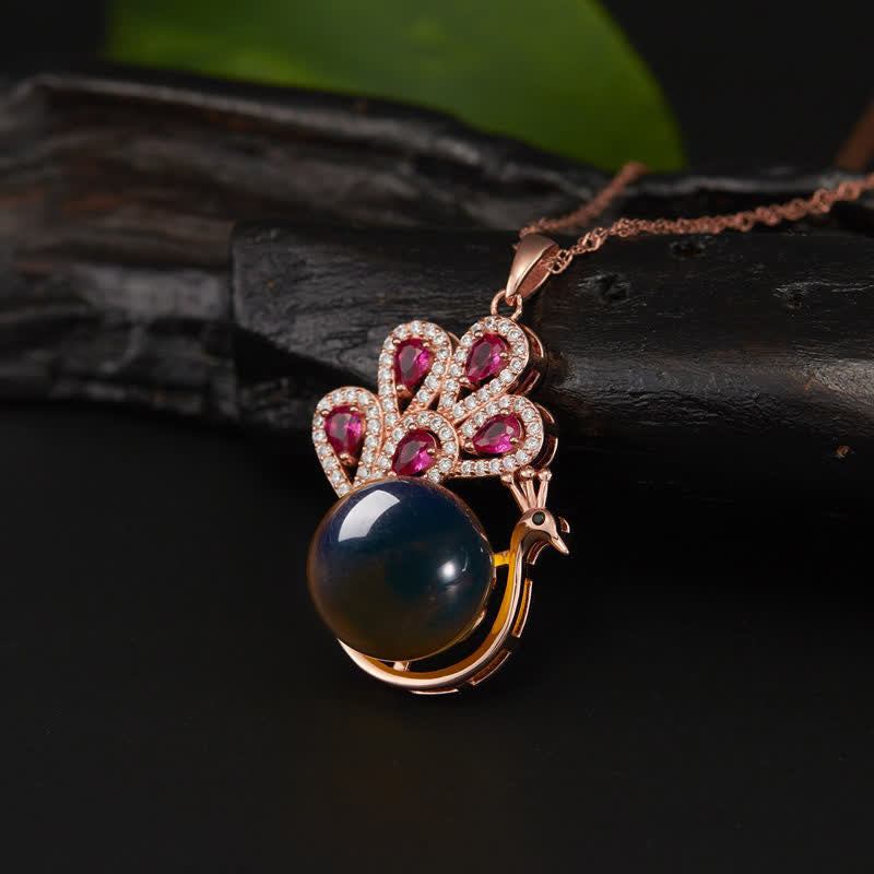 Peacock Amber Fortune Love Necklace Pendant Ring - Necklace - image 0