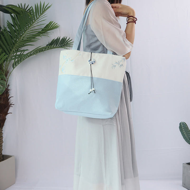 Buddha Stones Pear Flower Plum Peach Blossom Bamboo Embroidery Canvas Large Capacity Shoulder Bag Tote Bag - image 26