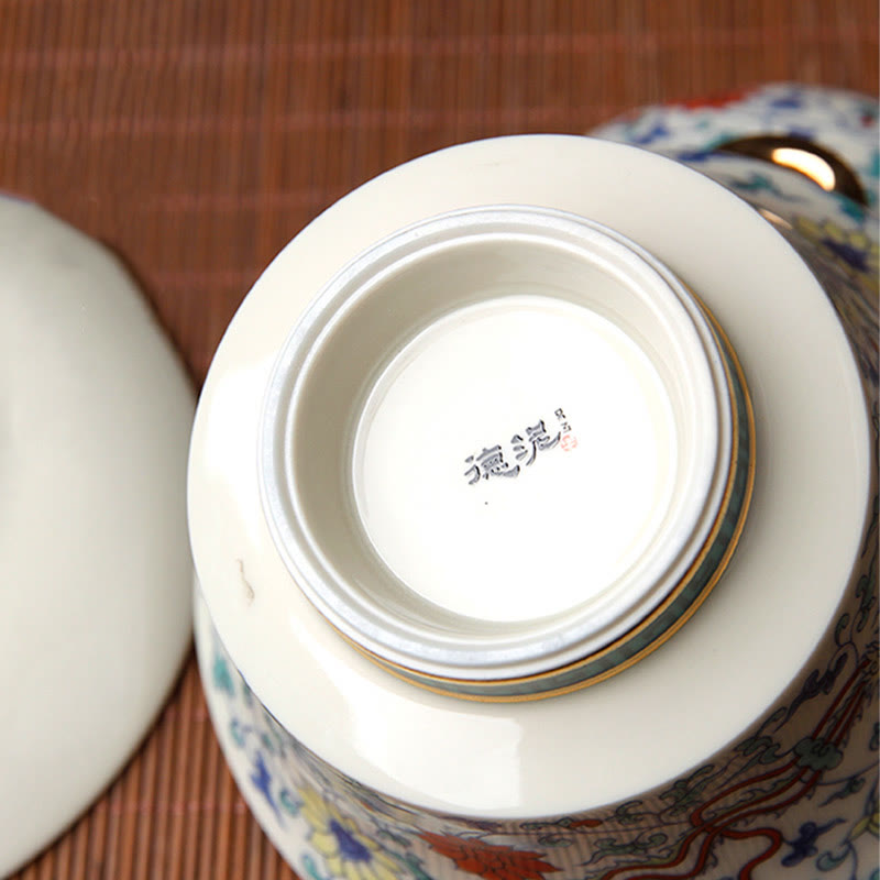 Buddha Stones Retro Plum Blossom Pine Bamboo Phoenix Kirin Ceramic Gaiwan Sancai Teacup Kung Fu Tea Cup and Saucer with Lid - image 10