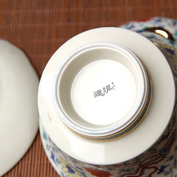 Buddha Stones Retro Plum Blossom Pine Bamboo Phoenix Kirin Ceramic Gaiwan Sancai Teacup Kung Fu Tea Cup and Saucer with Lid - image 10