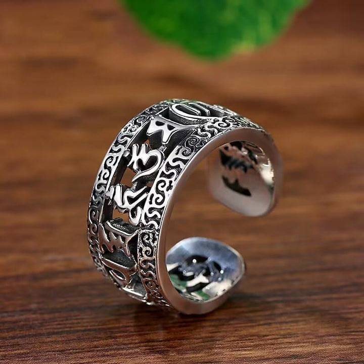 Buddha Stones Vintage Tibet Om Mani Padme Hum Carved Hollow Design Purity Ring - image 2