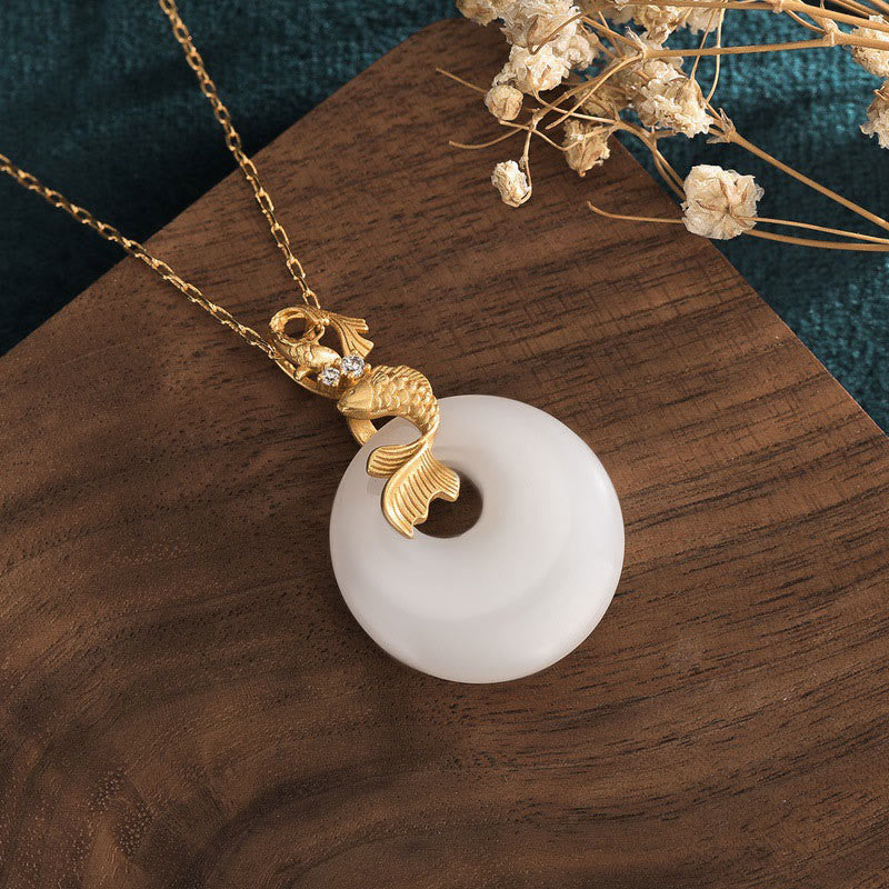 Buddha Stones White Jade Koi Fish Wealth Prosperity Necklace Pendant - image 1