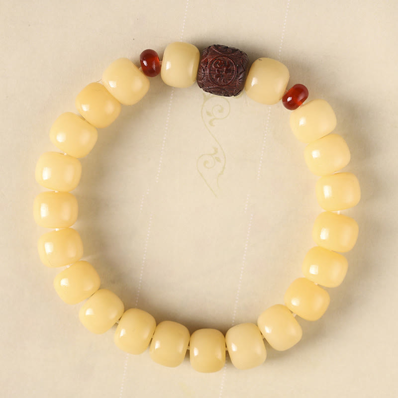 Buddha Stones Bodhi Seed Auspicious Cloud Fu Character Bead Peace Bracelet - Yellow Bodhi Seed(Wrist Circumference 14-15cm) - Small Leaf Red Sandalwood Fu Character - image 10